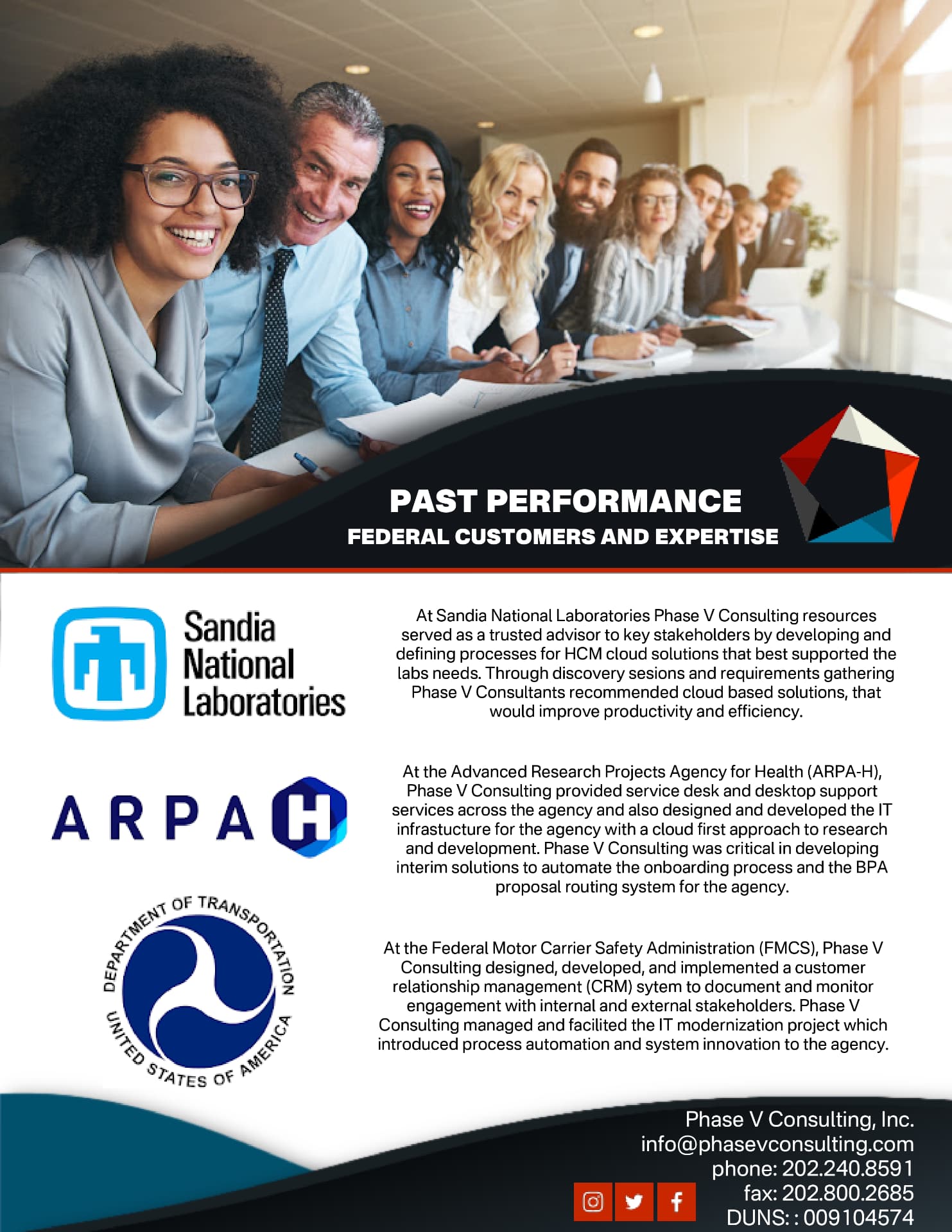 Phase V Consulting capability statement, page 2 — past performance with Sandia National Laboratories, ARPA-H, and FMCSA