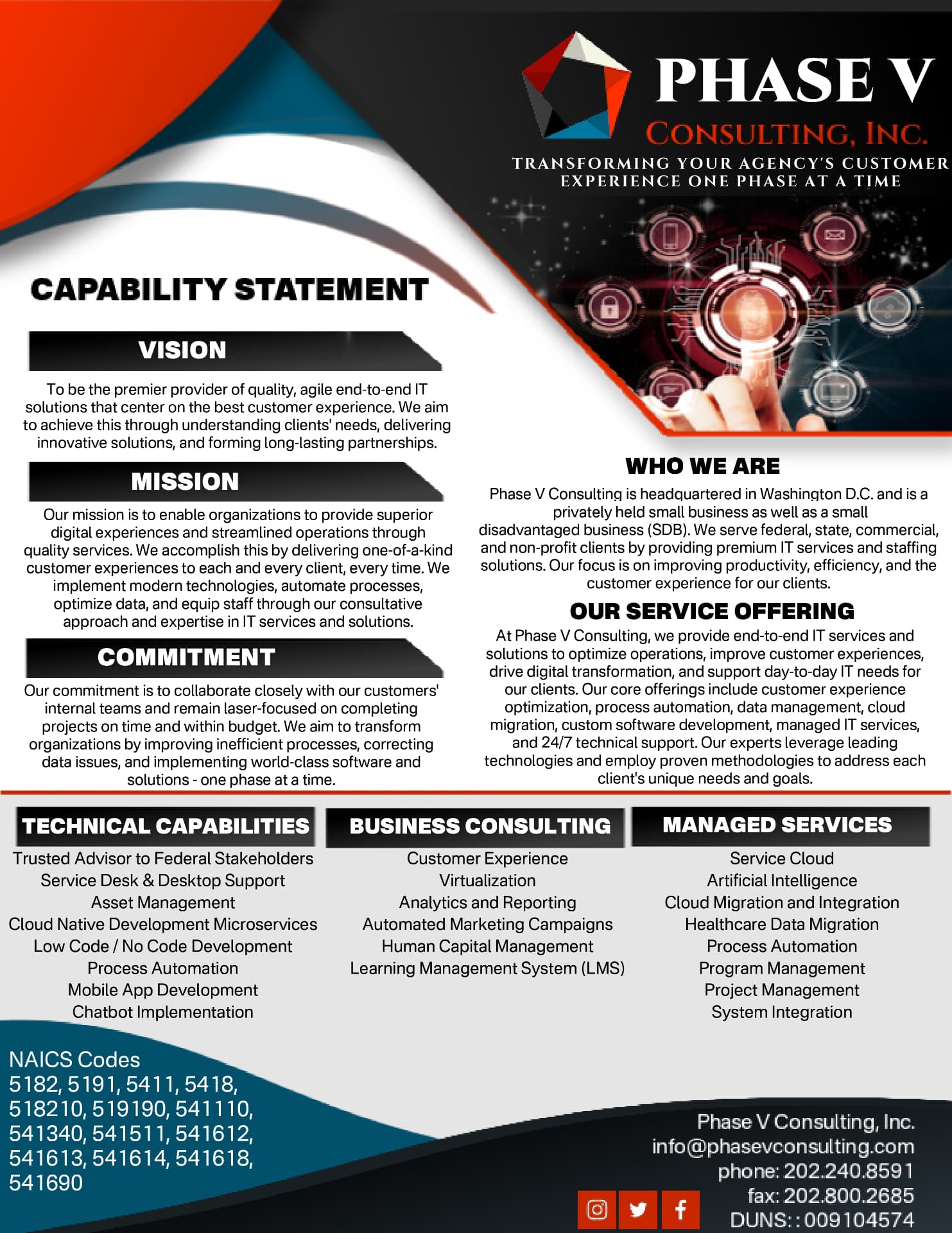 Phase V Consulting capability statement, page 1 — vision, mission, commitment, and service offering